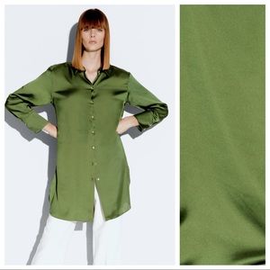 NWT. Zara Green Satin Effect Long Shirt. Size S.